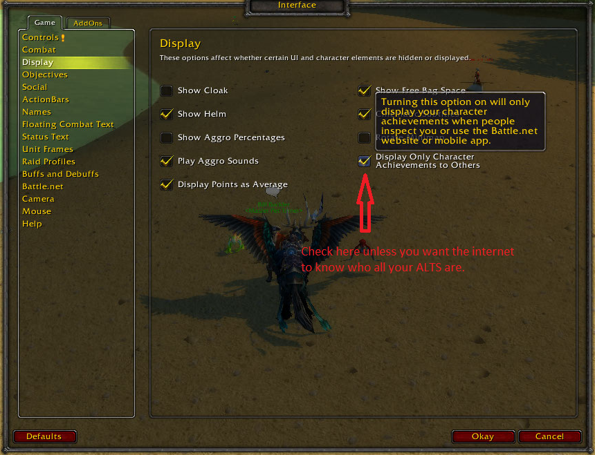 Screenshot on how to keep your world of warcraft alts private from the internet and other characters